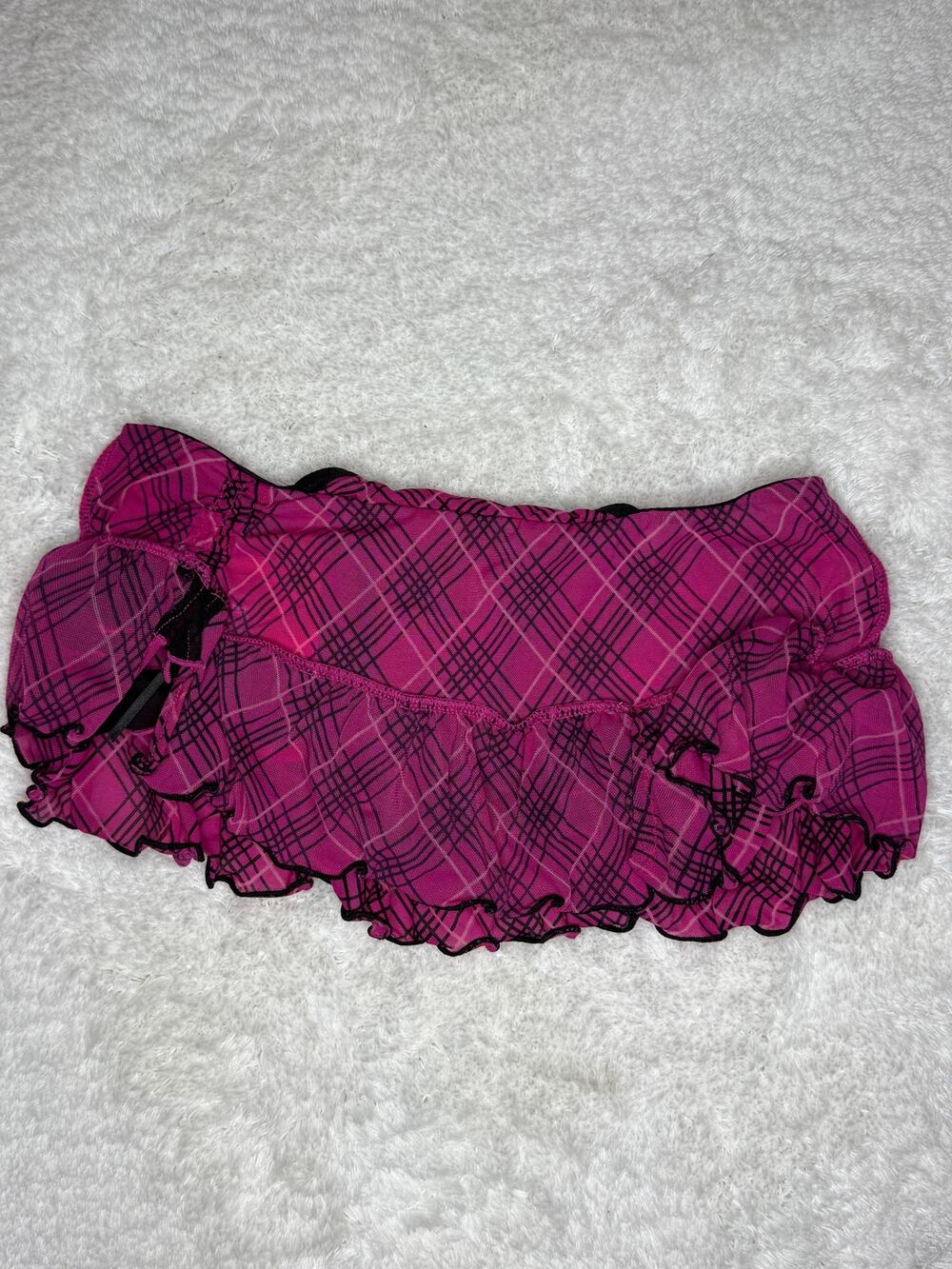 NWT Dollhouse Pink Plaid Ruffle Micro Mini Skirt Thong Built In S